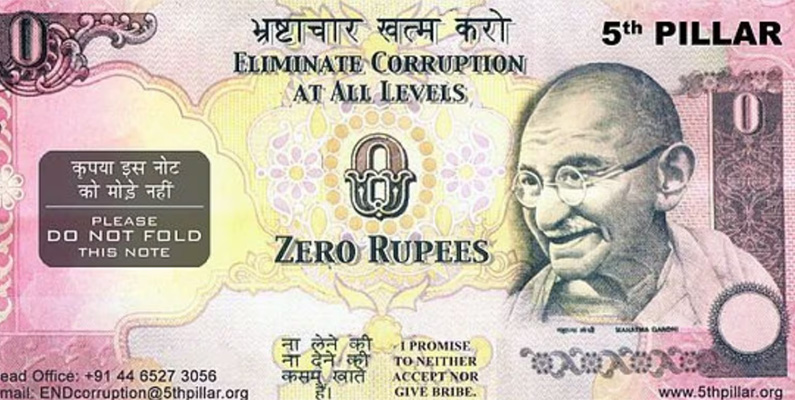 En organisation i Indien som heter 5th Pillar har introducerat "0-rupiersedlar" som ett sätt för medborgare att kämpa mot korruption genom att vägra betala mutor. Dessa sedlar ser ut som vanliga indiska sedlar, men de är värda noll rupier. När en person konfronteras med en situation där de blir ombedda att betala en muta, kan de istället ge den här noll-rupiersedeln som ett sätt att markera sitt motstånd mot korruptionen. Sedlarna har blivit ett symboliskt verktyg för att uppmuntra medborgare att agera mot korruption och att vägra att delta i det. En bild på den fyndiga sedeln finner du nedanför. 