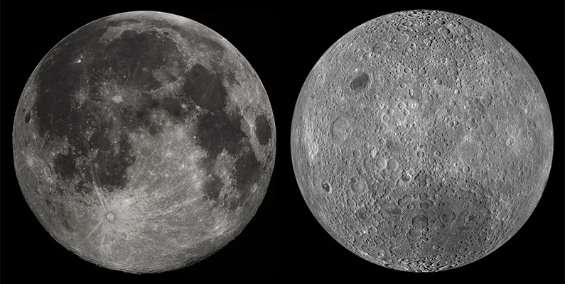 På bilden nedanför ser du hur månens framsida och baksida ser ut. Bilden till vänster visar hur vi ser månen från jorden och bilden till höger visar dess "baksida".